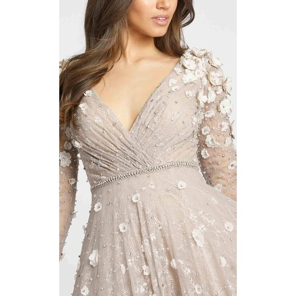 Mac Duggal Beige Blush Evening V Neck 3D Floral Lace A-Line Dress Size 6 NWT - Picture 3 of 14